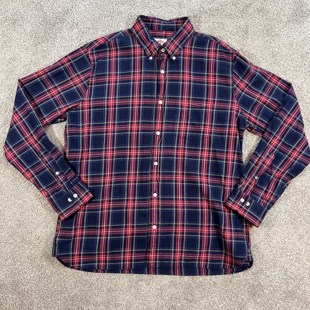 Brooks Brothers Red Fleece Shirt Men XL Blue Button Down Red Fleece Plaid Casual